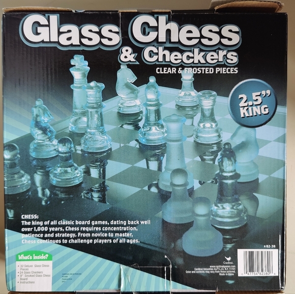 Cardinal Glass Chess & Checker Set, w/Glass Board, Unused, Complete - Picture 9 of 9